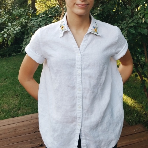 White Stag Tops - Embroidered Collared lenin Button up